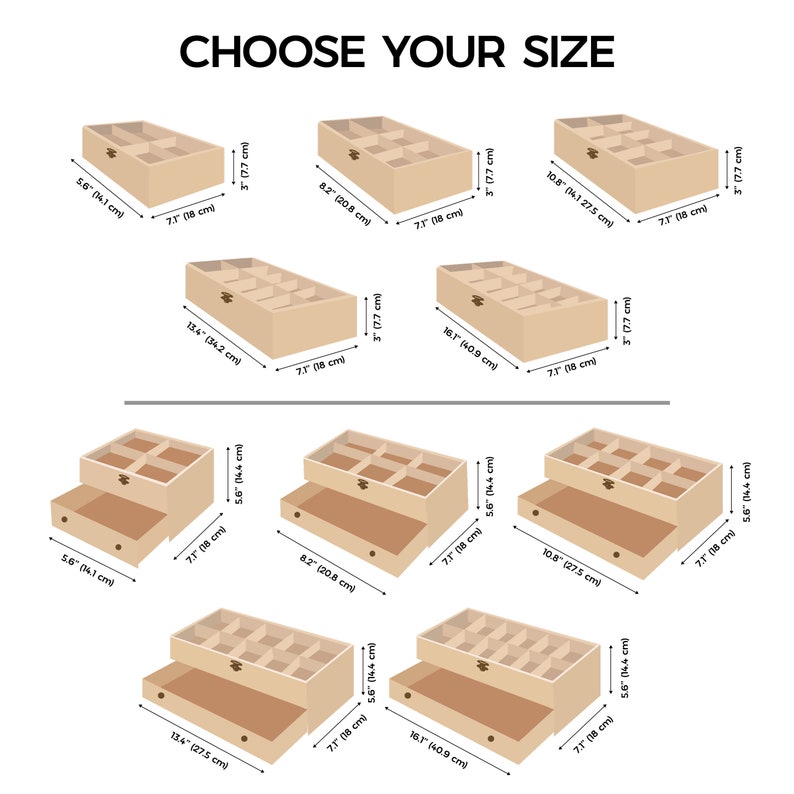 Pode incluir: Uma sele&ccedil;&atilde;o de caixas de armazenamento de madeira de v&aacute;rios tamanhos e designs. As caixas bege t&ecirc;m detalhes castanhos, com dimens&otilde;es em polegadas e cent&iacute;metros. O texto "CHOOSE YOUR SIZE" &eacute; exibido no topo.