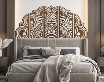 Cabecero de cama tamaño king con mandala, decoración de pared para cama, cabecero de media luna, panel de pared para cama, paneles de cabecero, cabecero de madera tamaño king, cabecero de madera tamaño queen