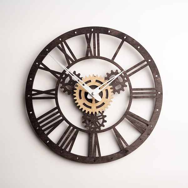 Gears Wall Clock,Roman Numerals Clock,Steampunk Wall Clock,Industrial Wall Clock,Rustic Clock Wood,Decorative Wall Clock,Clock Wall Decor