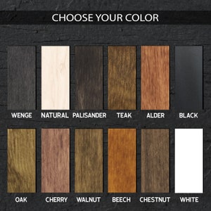Puede incluir: Una carta de colores con muestras de madera rectangulares en varios tonos, incluyendo Wengu&eacute;, Natural, Palisandro, Teca, Aliso, Negro, Roble, Cerezo, Nogal, Haya, Casta&ntilde;o y Blanco. El texto "CHOOSE YOUR COLOR" est&aacute; en la parte superior.