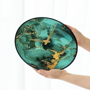 Marble wall clock, Green and gold wall clock, Modern wall clock unique, Turquoise wall clock, Resin wall clock, Beautiful wall clock
