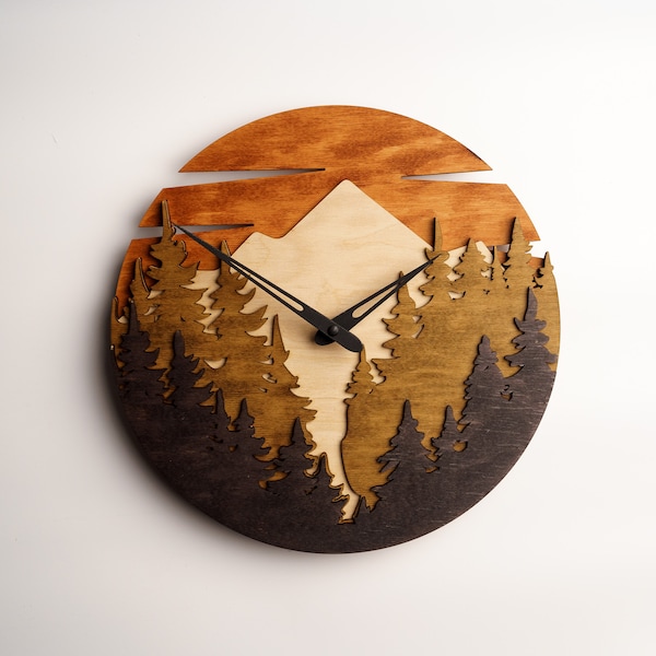 Mountain Wall Clock,Wood Mountain Clock,Wall Clock Unique,Nature Clock,Layered Clock,Laser Cut Clock,Forest Wood Clock,Mountain Wall Decor