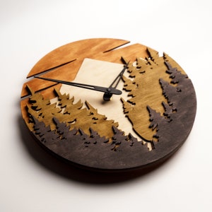 Mountain Wall Clock,Wood Mountain Clock,Wall Clock Unique,Nature Clock,Layered Clock,Laser Cut Clock,Forest Wood Clock,Mountain Wall Decor image 3