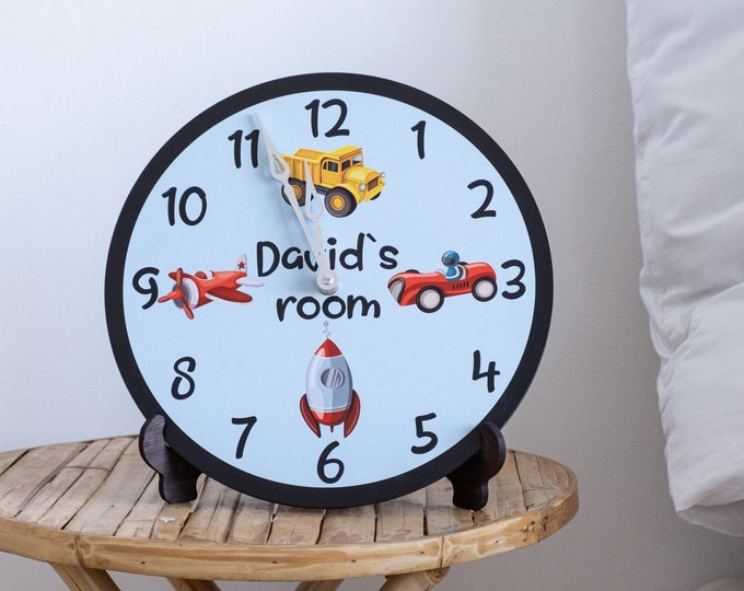 Custom kids clock, Children wall clock, Kids room wall clock, Cartoon clock, Nursery wall clock, Car nursery clock, Personalized kid clock