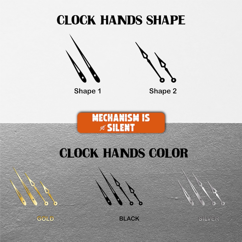 May include: Image showcasing clock hands in various shapes and colors. The text "CLOCK HANDS SHAPE" and "CLOCK HANDS COLOR" are displayed. The image also includes the text "MECHANISM IS SILENT". Clock hands are available in gold, black, and silver.