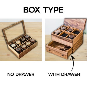 Pode incluir: Caixas de rel&oacute;gios de madeira, uma com tampa de vidro e outra com tampa articulada, cada uma com capacidade para oito rel&oacute;gios. A caixa da direita tem uma gaveta. O texto "BOX TYPE" est&aacute; no topo e "NO DRAWER" e "WITH DRAWER" na parte inferior.