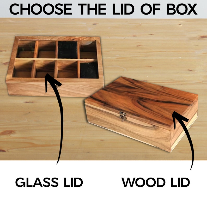 Pode incluir: S&atilde;o exibidas duas caixas de madeira, uma com tampa de vidro e compartimentos, a outra com tampa de madeira e fecho. O texto "CHOOSE THE LID OF BOX" est&aacute; no topo, com "GLASS LID" e "WOOD LID" em baixo.