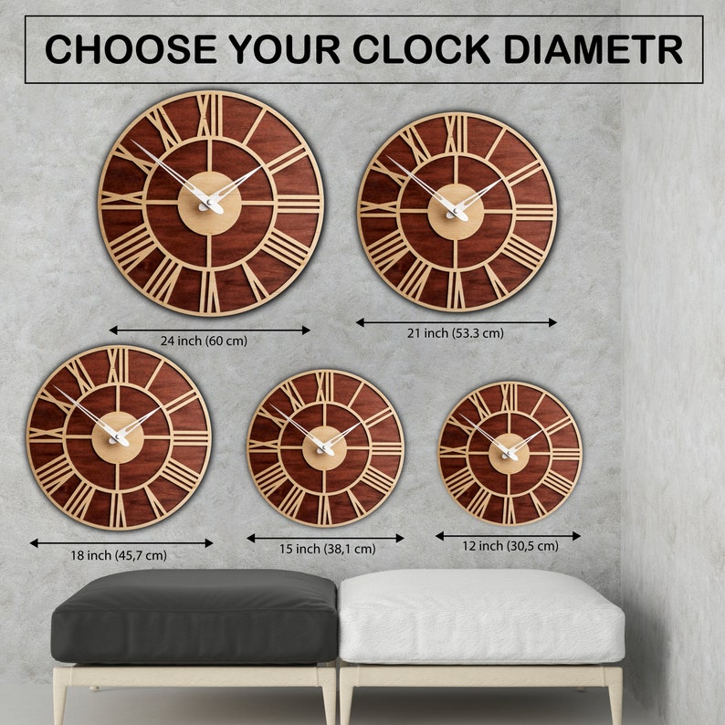 May include: Wooden wall clocks in various sizes: 24 inch, 21 inch, 18 inch, 15 inch, and 12 inch. Each clock features a dark brown face with Roman numerals and a light brown outer ring. The text "CHOOSE YOUR CLOCK DIAMETER" is at the top.