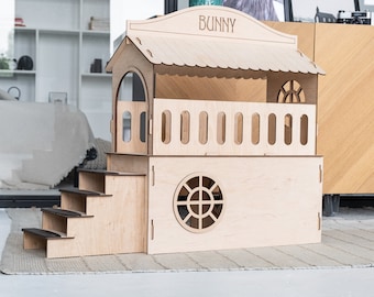 Wooden rabbit house handmade, Bunny castle for rabbits, Wooden rabbit house, Modern rabbit house , Chinchilla house, Rabbit furniture
