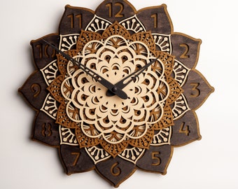 Mandala Wall Clock, Wooden Mandala Clock, Flower Wall Clock, Wall Clock Unique Wood, Layered Clock, Multilayer Clock, Geometric Wall Clock