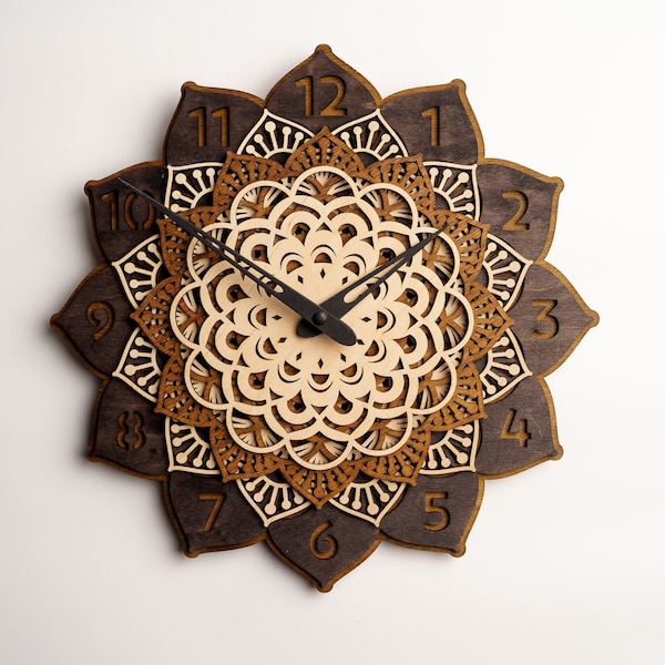 Mandala Wall Clock, Wooden Mandala Clock, Flower Wall Clock, Wall Clock Unique Wood, Layered Clock, Multilayer Clock, Geometric Wall Clock