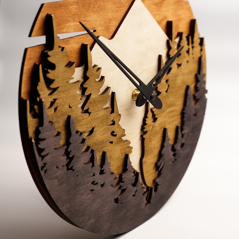 Mountain Wall Clock,Wood Mountain Clock,Wall Clock Unique,Nature Clock,Layered Clock,Laser Cut Clock,Forest Wood Clock,Mountain Wall Decor image 9