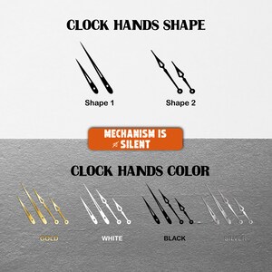 May include: Image showcasing clock hands in two shapes and four colors: gold, white, black, and silver. The text indicates a silent mechanism. The clock hands are displayed against a white and gray background.