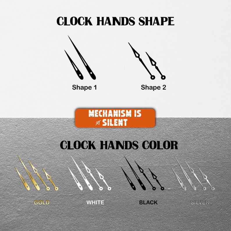 May include: Image showcasing clock hands in two shapes and four colors: gold, white, black, and silver. The text indicates a silent mechanism. The clock hands are displayed against a white and gray background.