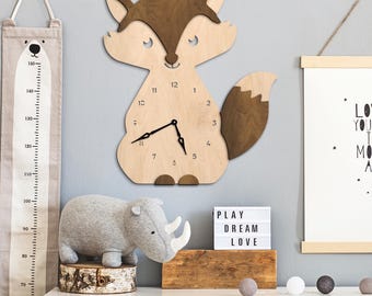 Orologio da parete a forma di volpe, orologio per bambini, orologio da parete per cameretta dei bambini, orologio in legno a forma di volpe, orologio da parete a forma di animale, orologio da parete a forma di volpe per cameretta dei bambini, orologio da parete in legno di grandi dimensioni