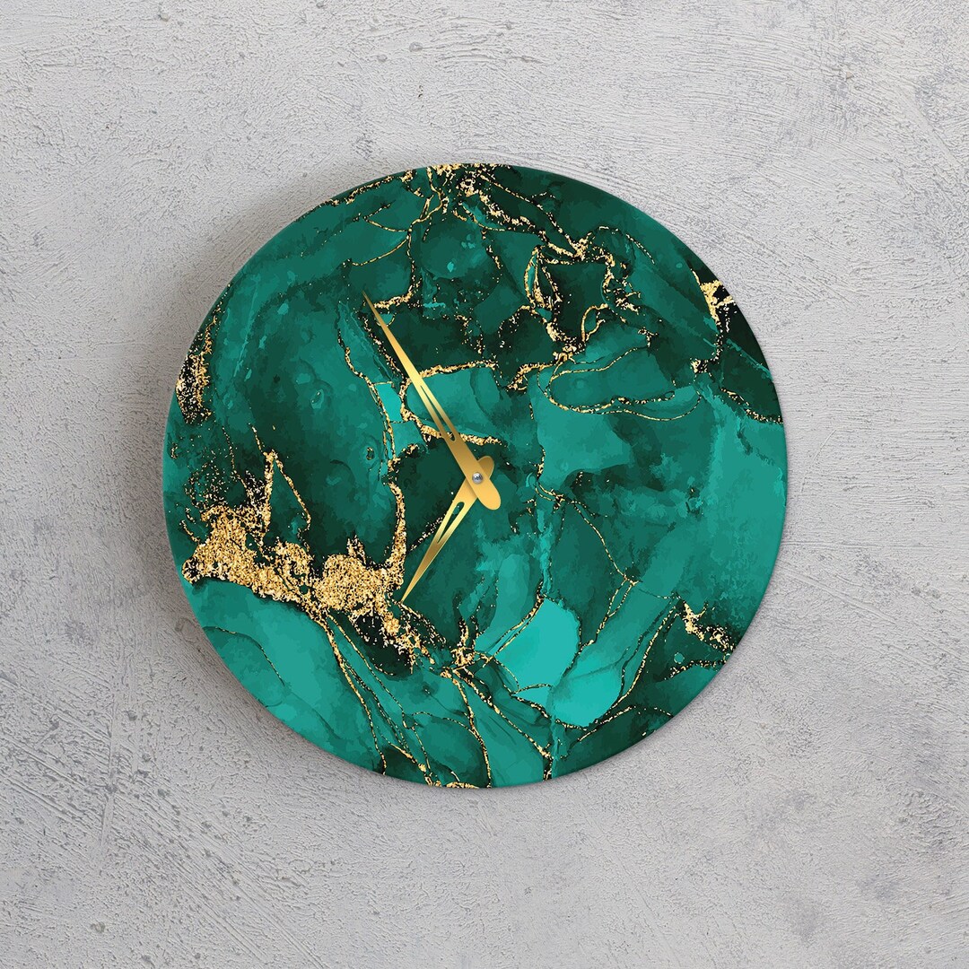 Marble Wall Clock, Green and Gold Wall Clock, Turquoise Wall Clock