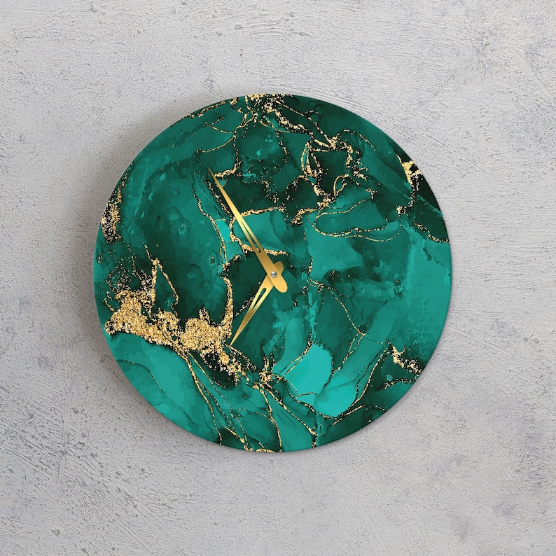Marble Wall Clock Green and Gold Wall Clock Turquoise Wall Etsy