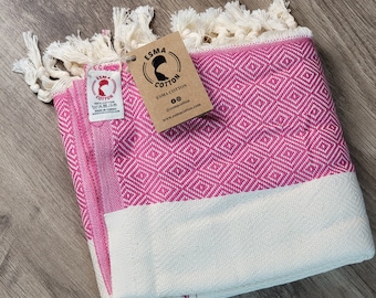 Coral Pink Turkish Cotton Beach Towel, Peshtemal Blanket Throw