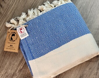 Blue Turkish Cotton Bath Towel, Peshtemal Blanket, Beach Throw