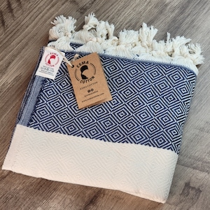 Original Turkish Cotton Bath Towel, Beach Towel, Dark Blue Peshtemal 100% Cotton for SPA, Pool and Gym, Blanket and Throw