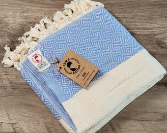 Light Blue Turkish Cotton Bath Towel, Peshtemal Beach Blanket
