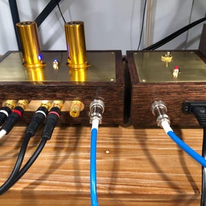 Può includere: Due unità amplificatore audio con tubi cilindrici color oro e piani in ottone. Le basi in legno hanno vari jack di ingresso e cavi colorati. Un'unità ha un cavo di alimentazione e accenti blu e rossi.
