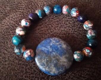 Multicolored Emperor Stone Imperial Jasper Bracelet with Large Lapis Lazuli Stone and accents of Blue Tigers Eye