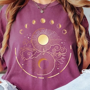 Comfort Colors® Mystical Moon Phase Shirt, Celestial Shirt, Boho Mystical Moon And Sun Tee, Boho Moon, Spiritual Moon Women Clothing Gifts