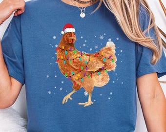 Christmas Chicken Lights Shirt, Funny Santa Hat Farm Animal Tee, Cute Chicken Lady Holiday Gift, Farmer Xmas Graphic T-Shirt