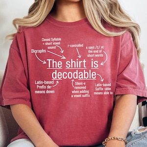 May include: A crimson short-sleeve t-shirt featuring white text that reads The shirt is decodable, surrounded by arrows pointing to linguistic explanations including Digraphs, Closed Syllable, r-controlled, s says /z/, Latin-based Prefix, and Suffix.