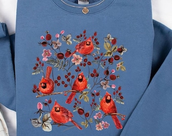 Vintage Cottagecore Wildflower Red Cardinal Sweatshirt, Goblincore Nature Sweatshirt, Bird Lover Gift, Cottage Core Wildflowers Shirts