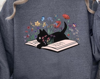 Floral Cat Sweatshirt, Cat Lover Shirt, Cat Book Shirt, Cat Lover Gift, Gift for Her, Cat Mom Shirt Gift,Cute Cat Shirts,Cute Book Cat Shirt