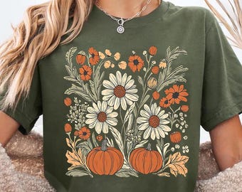 Boho Fall Floral Shirt, Retro Fall Tshirt, Autumn Vibes Shirt, Pumpkin Season Graphic Tee, Vintage Fall Pumpkin Aesthetic Vintage Fall Shirt