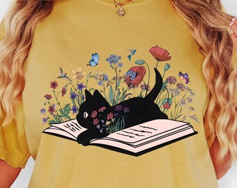 Comfort Colors® Floral Cat Shirt, Cat Lover Shirt, Cat Book Shirt, Cat Lover Gift, Cat Mom Shirt Gift, Cute Cat Shirts, Cute Book Cat Shirt
