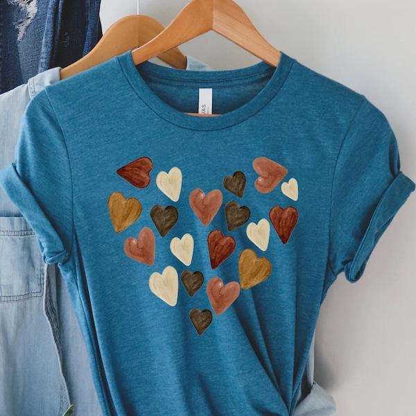 Artsy Melanin Skin Tone Kindness Watercolor Hearts Soft Graphic Tees, Valentines Day Shirt, Watercolor Heart Shirt, Heart Valentines Shirts