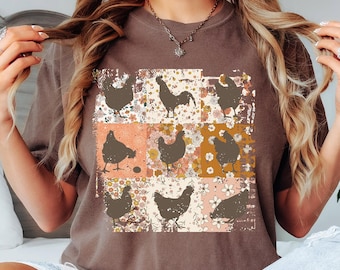 Comfort Colors® Boho Chickens Shirt, Retro Farmhouse Floral Backyard Chicken Tee, Cottagecore Aesthetic Clothing, Chicken Gift for Her