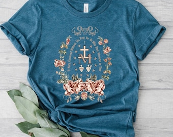 Marian Catholic T-Shirt, Virgin Mary T-shirt, Catholic Gifts For Women, Catholic T-shirt, Marian Cross Shirt, Floral Women Religious Shirts