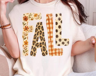 Comfort Colors® Retro Fall Patched Shirt, Wildflower Leopard Autumn Tee, Western Gingham Thanksgiving Top, Distressed Flannel Apparel