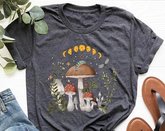 Moon Phases And Mushrooms Shirt, Retro Mushrooms Shirt, Mystical Mushroom Tshirt, Botanical Moon Phase Tee, Mushrooms Shirt, Hippie Girl Tee