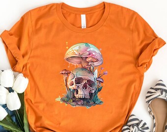 Mushroom Shirt, Halloween Mushroom Skull Shirt, Hippie Shirt, Decor Art Shirt, Plant Shirt, Nature Shirt, Gift For Her, Vintage Plant Shirt