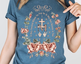 Marian Catholic T-Shirt, Virgin Mary T-shirt, Catholic Gifts For Women, Catholic T-shirt, Marian Cross Shirt, Floral Women Religious Shirts