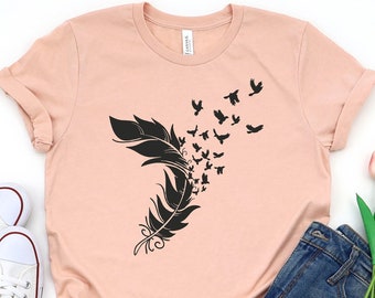 Feather Birds Shirt, Graphic Tee, Women V-neck T Shirt, Feather