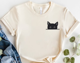 Black Cat Shirt, Cat Shirt, Cute Kitty Tee, Kitten T-shirt, Gift for Cats Lover, Cat Mom Shirts, Cat Shirt Women, Cat Shirt,Cat Pocket Shirt