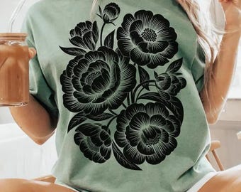 Comfort Colors® Vintage Linocut Flower Shirt, Peonies & Ranunculus Tee, Retro Block Print Peonies Shirt, Cottagecore Boho Botanical Floral