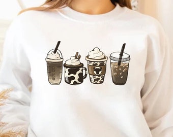 Cow Coffee Mug Sweatshirt, Coffee Cup Shirt, But First Coffee, Coffee Latte Lover Gift, Iced Coffee Shirt, Womens Crewneck, Cute Coffee Tee