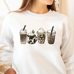 Cow Coffee Mug Sweatshirt, Coffee Cup Shirt, But First Coffee, Coffee Latte Lover Gift, Iced Coffee Shirt, Womens Crewneck, Cute Coffee Tee