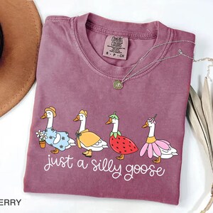 May include: Berry-colored t-shirt with the phrase "just a silly goose" in white script. The shirt features a whimsical illustration of four geese dressed in various outfits, including a dress, raincoat, and flower dress.