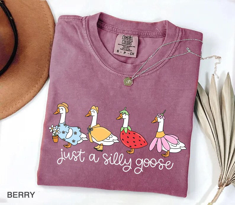 May include: Berry-colored t-shirt with the phrase "just a silly goose" in white script. The shirt features a whimsical illustration of four geese dressed in various outfits, including a dress, raincoat, and flower dress.