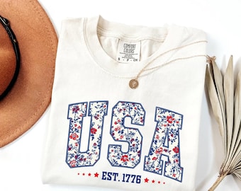 Comfort Colors® Floral USA Shirt, American Girl Shirt, USA Est 1776 Shirt, Girly 4th of July Shirt, Patriotic Women Shirt, Flower USA Shirt
