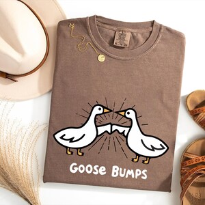 May include: A brown t-shirt with a white goose design and the text "Goose Bumps".